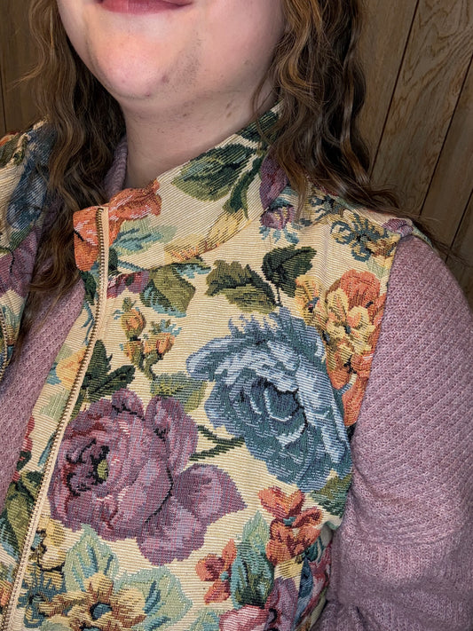 Vintage Floral Jacquard Zip Up Vest