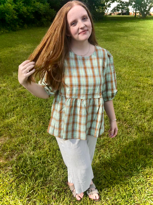 Heather Mint Plaid Crinkle Blouse