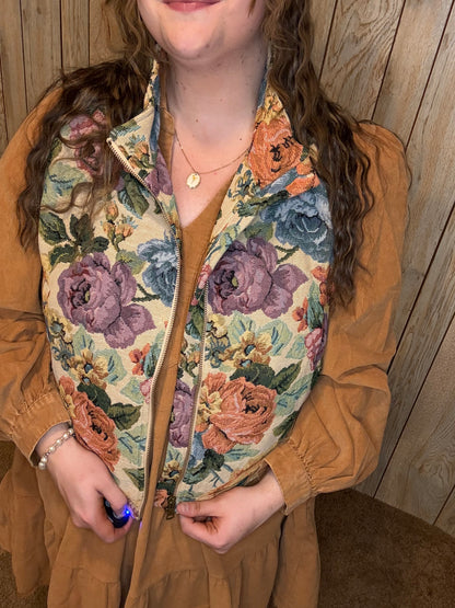 Vintage Floral Jacquard Zip Up Vest