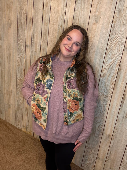 Vintage Floral Jacquard Zip Up Vest