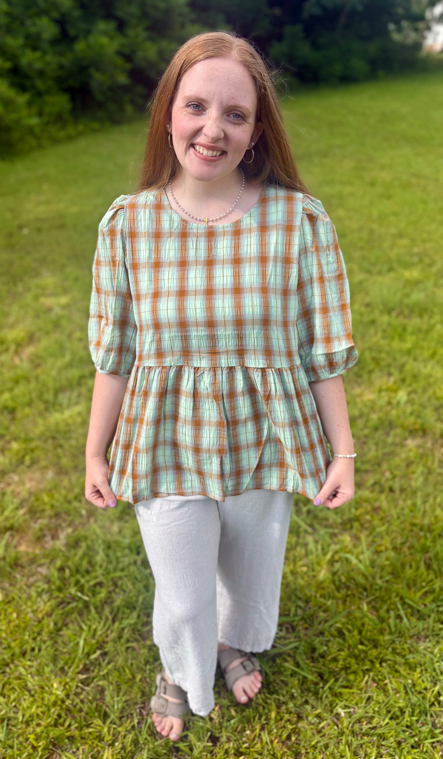 Heather Mint Plaid Crinkle Blouse