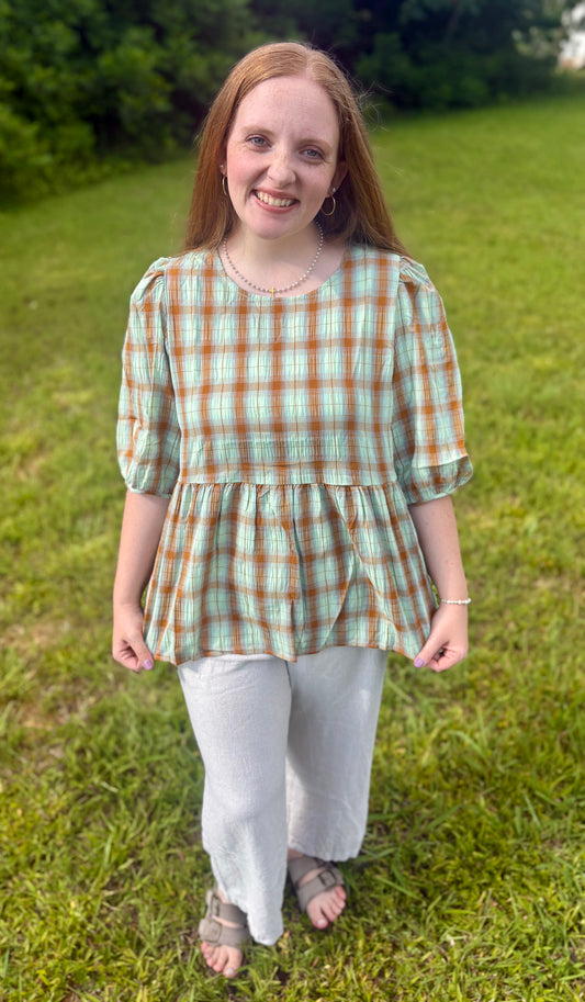 Heather Mint Plaid Crinkle Blouse