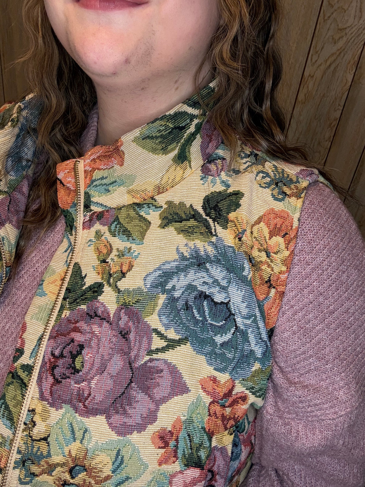 Vintage Floral Jacquard Zip Up Vest