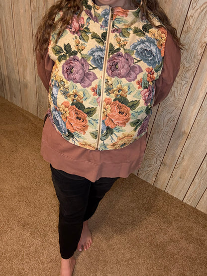 Vintage Floral Jacquard Zip Up Vest