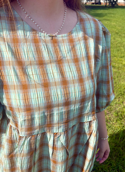 Heather Mint Plaid Crinkle Blouse