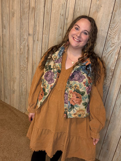 Vintage Floral Jacquard Zip Up Vest