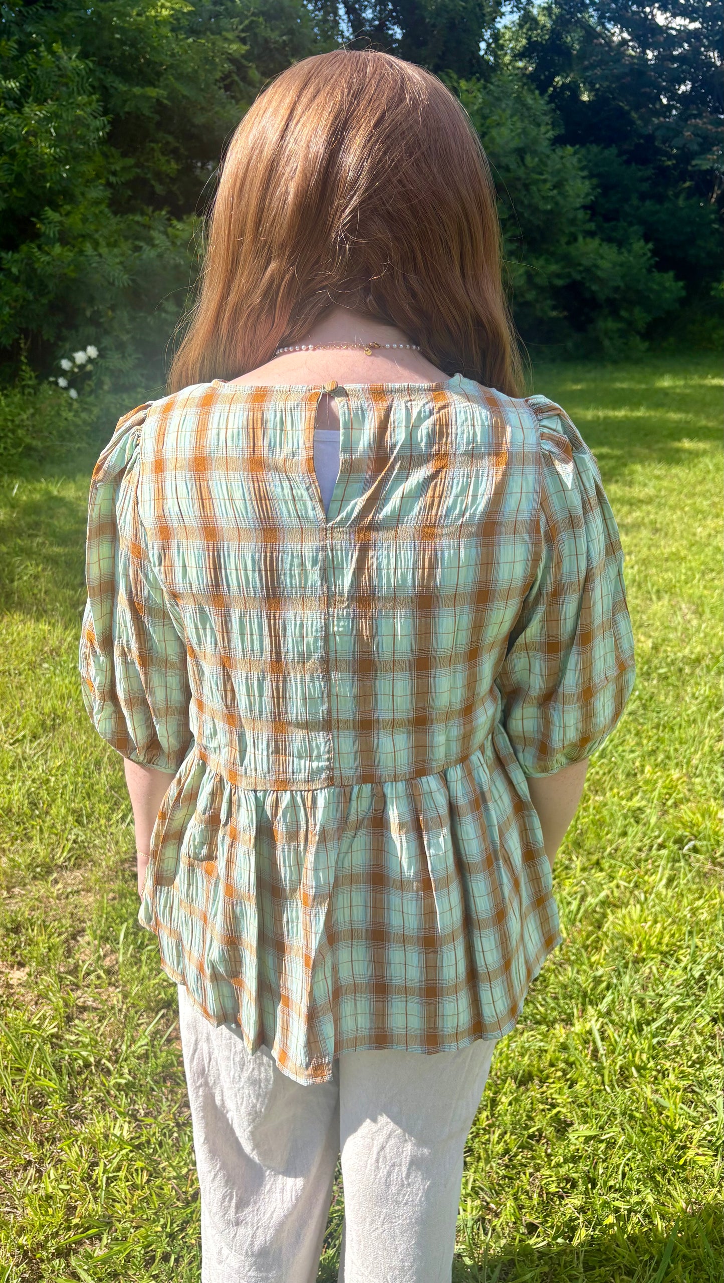 Heather Mint Plaid Crinkle Blouse