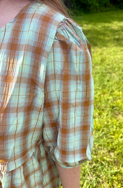 Heather Mint Plaid Crinkle Blouse