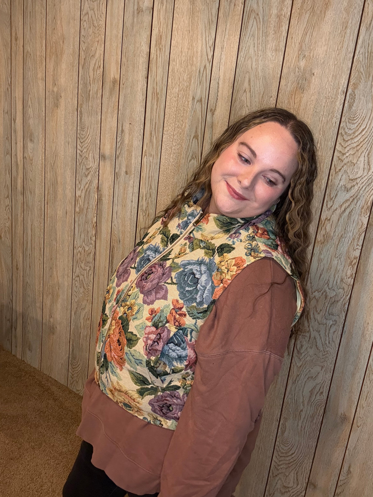 Vintage Floral Jacquard Zip Up Vest