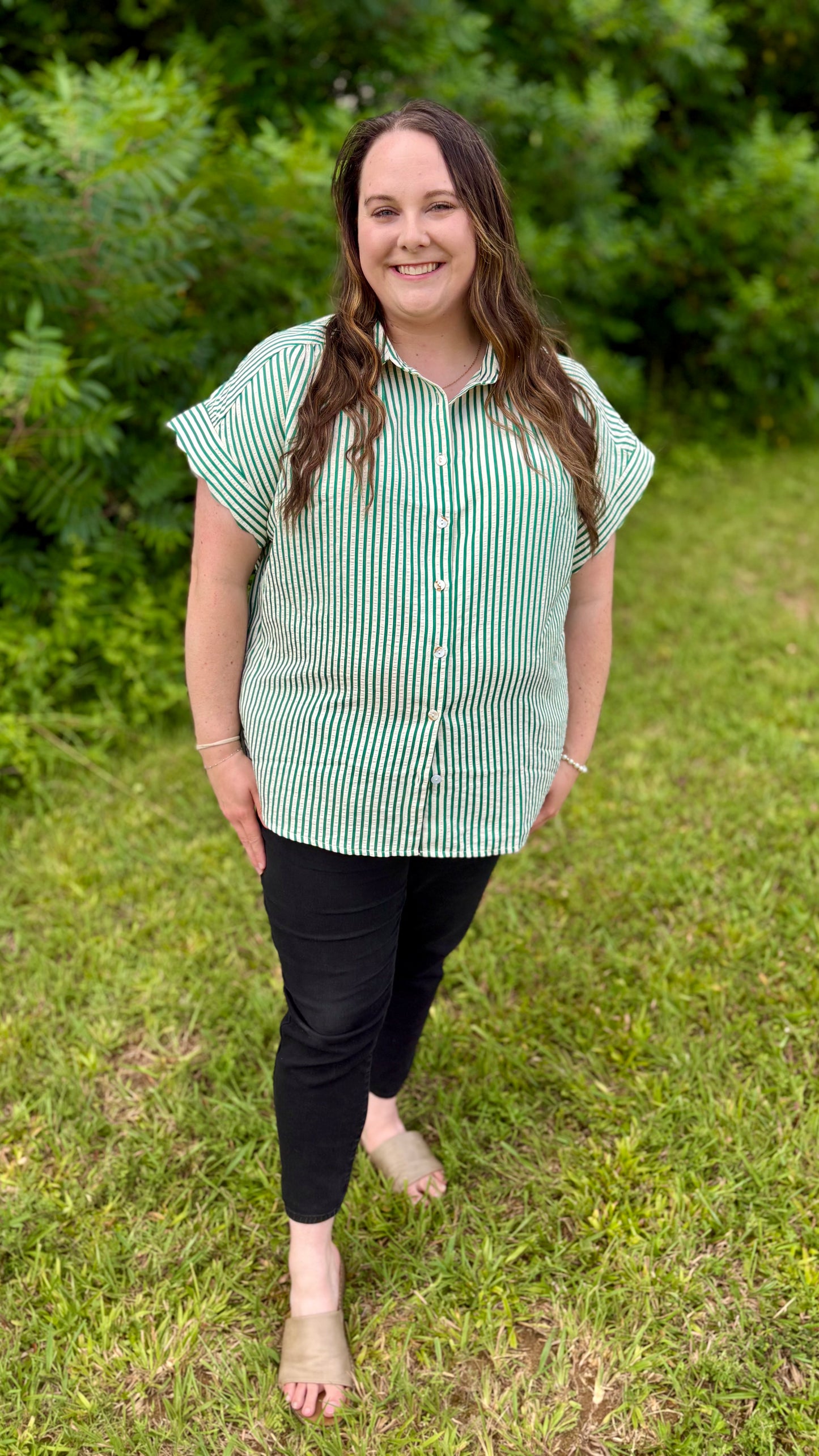 Heather Scalloped Sleeve Button-Down